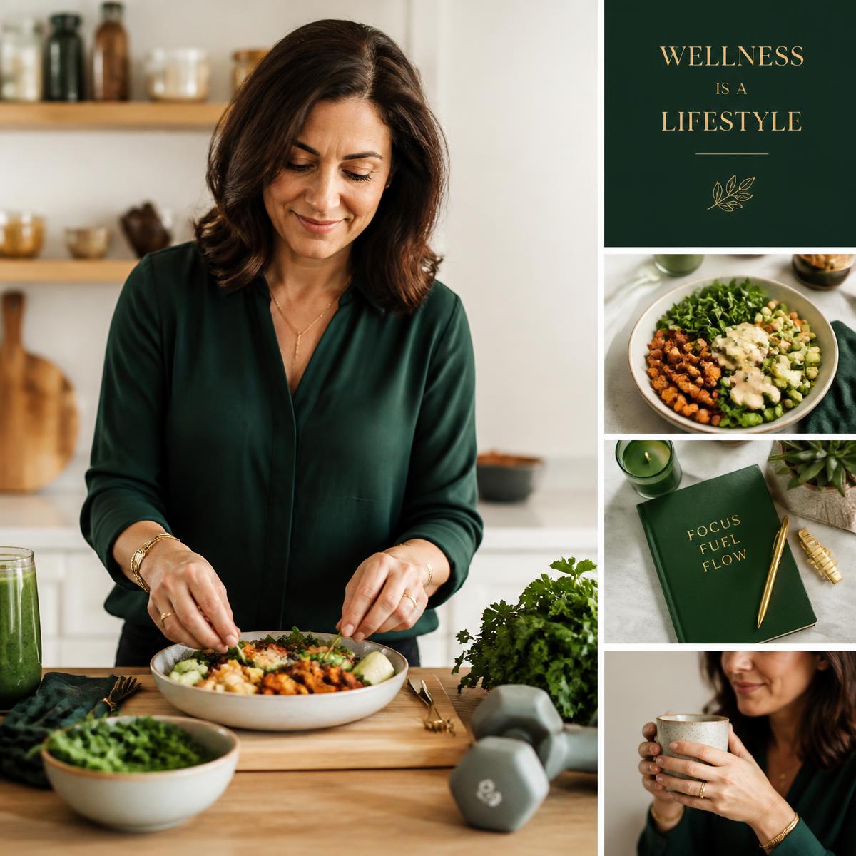 A working professional preparing a colourful healthy meal with light weights nearby